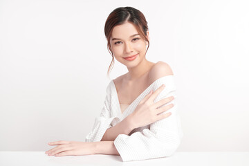 Fototapeta premium Beautiful young asian woman with clean fresh skin on white background, Face care, Facial treatment, Cosmetology, beauty and spa, Asian women portrait.