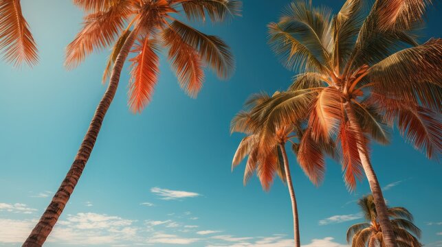 Vintage Tropical Paradise: Palm Trees and Blue Sky View from Below

