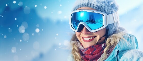 Portrait of snowboarder smiling happy young woman in blue suit goggles mask, hat, ski padded jacket - obrazy, fototapety, plakaty