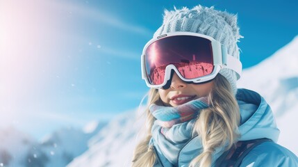 Fototapeta na wymiar Portrait of snowboarder smiling happy young woman in blue suit goggles mask, hat, ski padded jacket