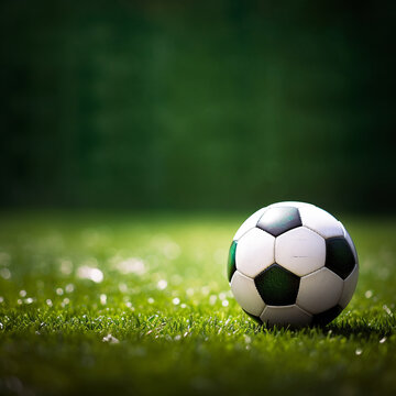 Soccer ball on green grass field with copy space for text.AI.