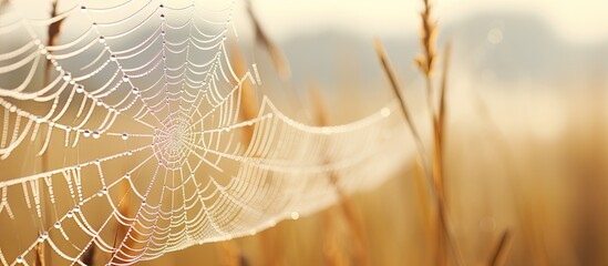 September morning spider web covered in dew. - obrazy, fototapety, plakaty
