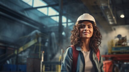 photo of a contented female engineer working on the project while donning a hard hat, a high-vis vest, and ppe - obrazy, fototapety, plakaty
