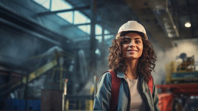 photo of a contented female engineer working on the project while donning a hard hat, a high-vis vest, and ppe
