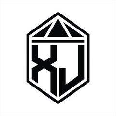 XJ Letter Logo monogram simple hexagon shield shape with triangle crown isolated style design