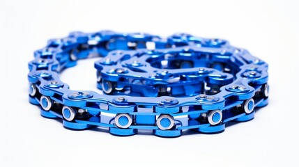 a blue saw chain, showcasing its precision-engineered design and striking color, perfectly isolated on a spotless white background.