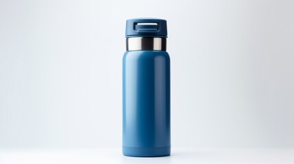 a blue thermos, showcasing its ergonomic handle and spill-proof lid, perfectly isolated on a spotless white background.