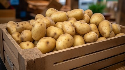 Close-up of potatoes on sale at the vegetable market. Loads of potatoes in boxes inside the store. Fresh potatoes at the greengrocer's stand.