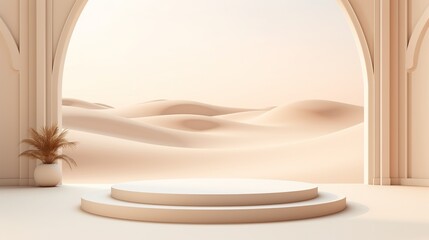 3D rendering of a cosmetic podium background featuring columns of architecture on sand dunes, showcasing a premium minimal product podium.