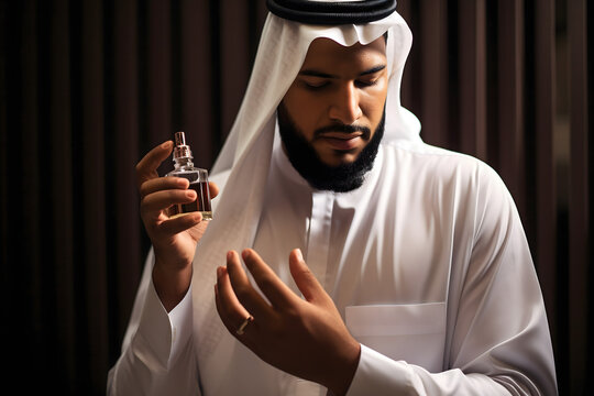 Arab man with white gamis in his room enjoy oil perfume