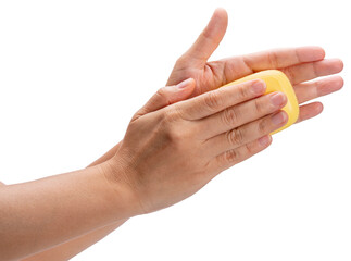 Female hand holding a bar of soap Demonstration of hand cleaning, Woman wash hands for prevent...