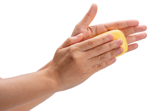 Female hand holding a bar of soap Demonstration of hand cleaning, Woman wash hands for prevent COVID-19 virus and anti Bacteria Isolate on white PNG File. - Powered by Adobe