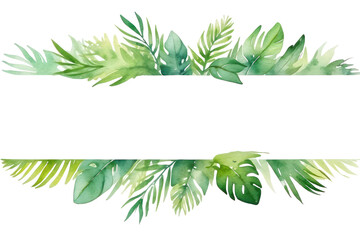 Watercolor of green floral banner with palm leaves on transparent background - obrazy, fototapety, plakaty