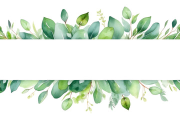 Watercolor of green floral banner with eucalyptus leaves on transparent background