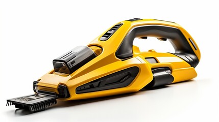 a bright yellow vacuum cleaner, emphasizing its ergonomic handle and versatile attachments, isolated on a clean white surface.