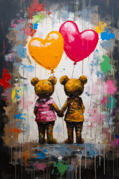 Image of two teddy bears holding hands with balloons in the shape of hearts.