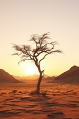 A single tree stands tall in the vast and arid desert. This image can be used to depict isolation, resilience, or the harshness of nature