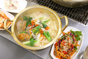 Korean food. Seafood kalguksu. Korean traditional noodle soup
