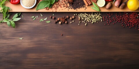 Top view of a kitchen banner featuring a board, spices, and herbs, with available space for text.
