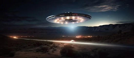 Fototapeten Nighttime surveillance recording of unidentified flying object (UFO) in Area 51, with alien evidence and FBI investigation. © AkuAku