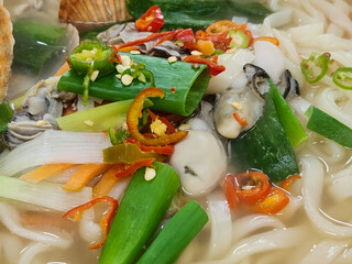 Korean food. Seafood kalguksu. Korean traditional noodle soup