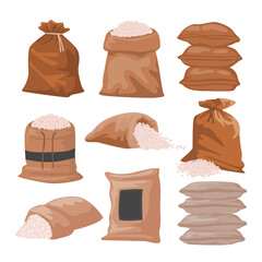 Burlap sack of Rice bags set collection, Pile with sackful of uncooked meal food, textile objects grain agricultural, Cartoon rice bag stack, Food storage, asian seeds, tidy, vector illustration - obrazy, fototapety, plakaty