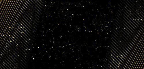 黒の背景にキラキラと光り輝く金の糸と舞い散る金粉　曲線デザインのテクスチャ素材