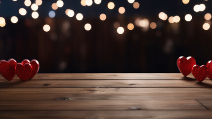 Empty wooden table with valentines day theme in background - obrazy, fototapety, plakaty