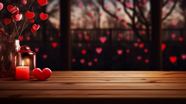 Empty wooden table with valentines day theme in background