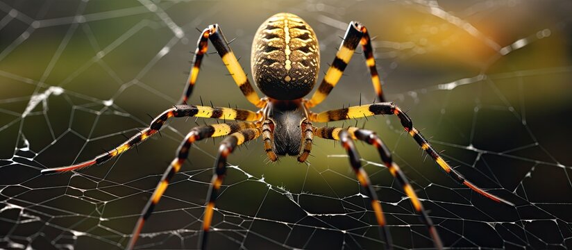 Spider Argiope bruennichi sits on a circular web in eastern Crimea.