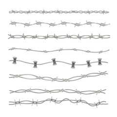 Realistic seamless barbed wire border pattern set collection, Razor wire silhouettes,Prison Barbed wire metallic border elements, danger sharply barb wire fencing, vector illustration - obrazy, fototapety, plakaty