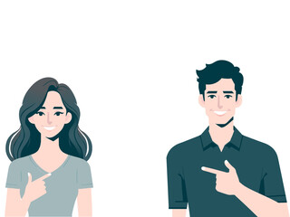 happy couple pointing copy space man woman recommended showing illustration