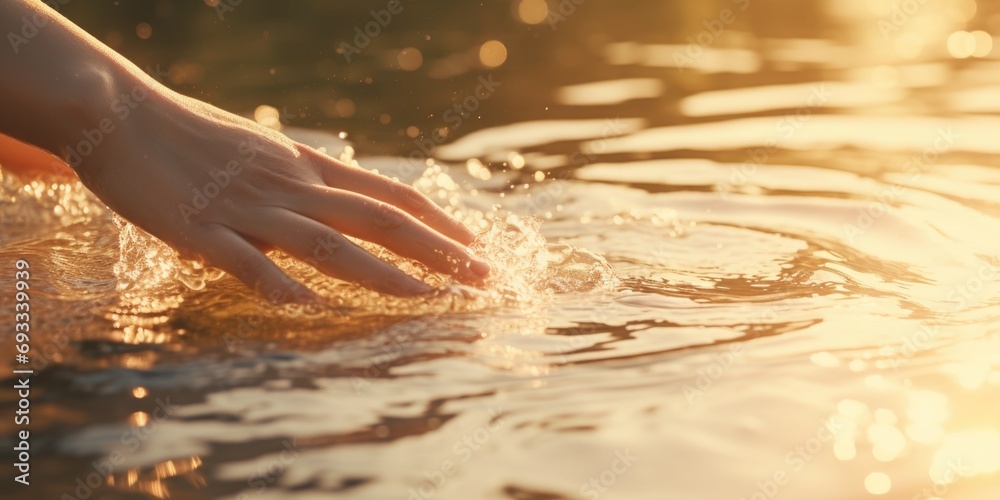 Poster a person's hand gently touching the surface of a body of water. this image can be used to represent 