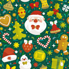 Happy New Year and Merry Christmas seamless pattern with cartoon santa claus, christmas tree, toys, snowflakes on dark background. Festive wallpaper, textile design. Vector illustration