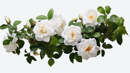 Fototapeta premium A beautiful bunch of white roses with vibrant green leaves. Perfect for adding a touch of elegance and freshness to any occasion