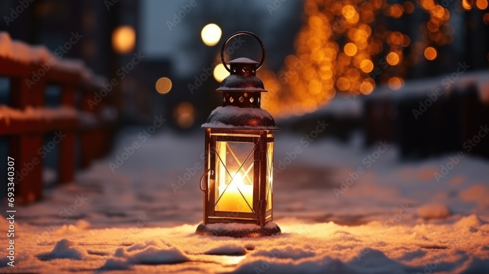 Poster a lantern glowing brightly amidst a snowy landscape. this image can be used to depict winter scenery