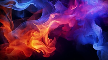 Wisps of vividly colored smoke gracefully rising and blending into abstract patterns, casting a...