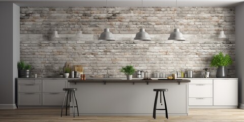 Modern kitchen with gray and white brick wall.