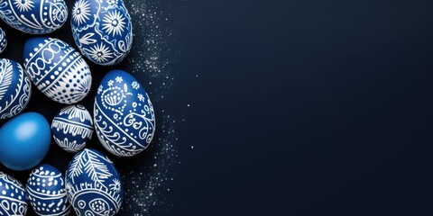 dark blue background copy space with easter eggs and decoration, free space for text and greetings - obrazy, fototapety, plakaty