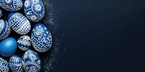 Foto op Canvas dark blue background copy space with easter eggs and decoration, free space for text and greetings © David Kreuzberg
