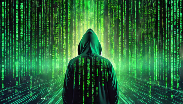 Hacker in hoodie breaking into data server dark theme. Generative AI