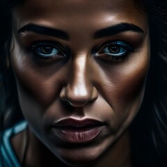 An image of a close up view of a woman's face who is suffering from domestic violence abuse. The light is dim and there is fear and sadness in her face.