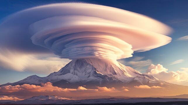 breathtaking view of a large mountain range covered in snow under the mesmerizing display of lenticular clouds