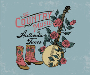 benjo with rose and boots, country music fest vector design, western music artwork for t shirt, sticker, graphic print