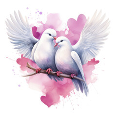 Watercolor illustration featuring a couple of doves hugging amidst floating hearts.