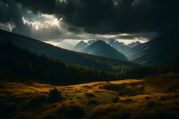 Mountain landscape with an evergreen forest and a meadow, in dramatic mood with dark clouds and warm dimmed light