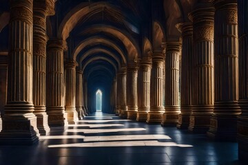 Spiritual fantasy scene with a passageway surrounded by pillars - obrazy, fototapety, plakaty