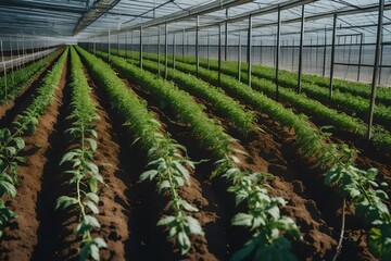 Young tomato plants growing in rows in an extended greenhouse