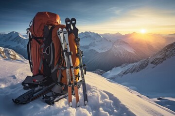 A pair of skis sitting atop a snow-covered mountain. Perfect for winter sports enthusiasts or travel brochures promoting snowy destinations - obrazy, fototapety, plakaty