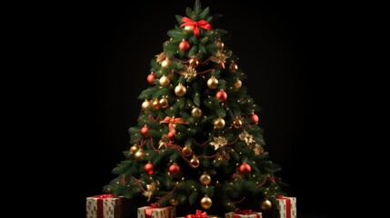 A festive Christmas tree surrounded by beautifully wrapped presents. Perfect for holiday-themed designs